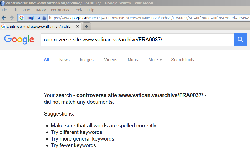 Unsuccessful search for the word 'controversy' in the French version of the Code of Canon Law.