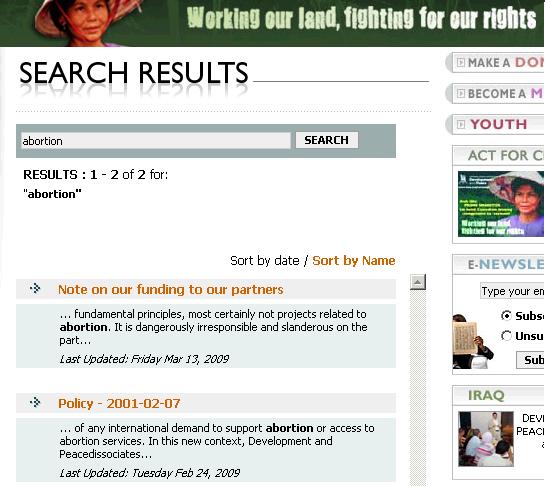 Search results for the word abortion on the CCODP web site.