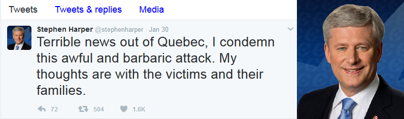 Raction de Stephen Harper, ancien Premier ministre du Canada: Mes penses sont avec les victimes et leurs familles.