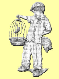 Garon tenant un canari dans une cage