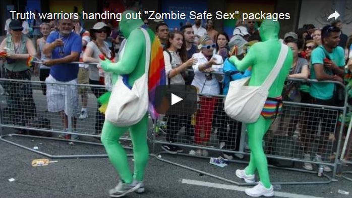 Truth warriors handing out Zombie Safe Sex packages.