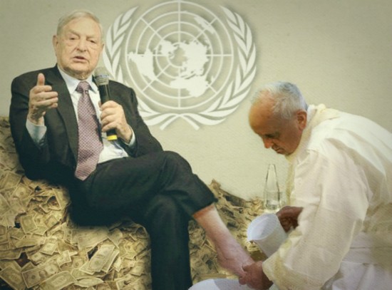 Bergoglio lavant les pieds de Soros, qui est assis sur un tas d'argent,  l'ONU.