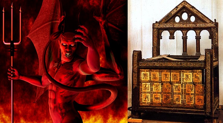 Satan  gauche, et  droite la chaise sur laquelle Saint Pierre s'assoyait.