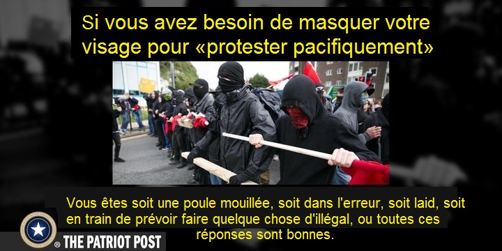 Si vous devez vous couvrir le visage pour �protester pacifiquement�, vous �tes soit une poule mouill�e, soit laid, soit en train de pr�voir faire quelque chose d'ill�gal, ou toutes ces r�ponses sont bonnes.